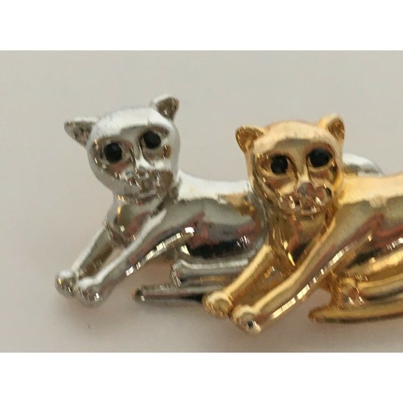 Cats Brooch Pin Silver & Gold Tone Laying Black Eyes Vintage Costume Jewelry 2" - Picture 9 of 10